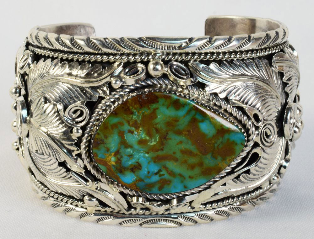 Navajo Sterling Huge Pilot Mtn. Turquoise Bracelet (1 of 5)