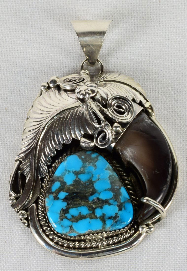 Navajo Stormy Mtn. Turquoise & Bear Claw Pendant (1 of 3)