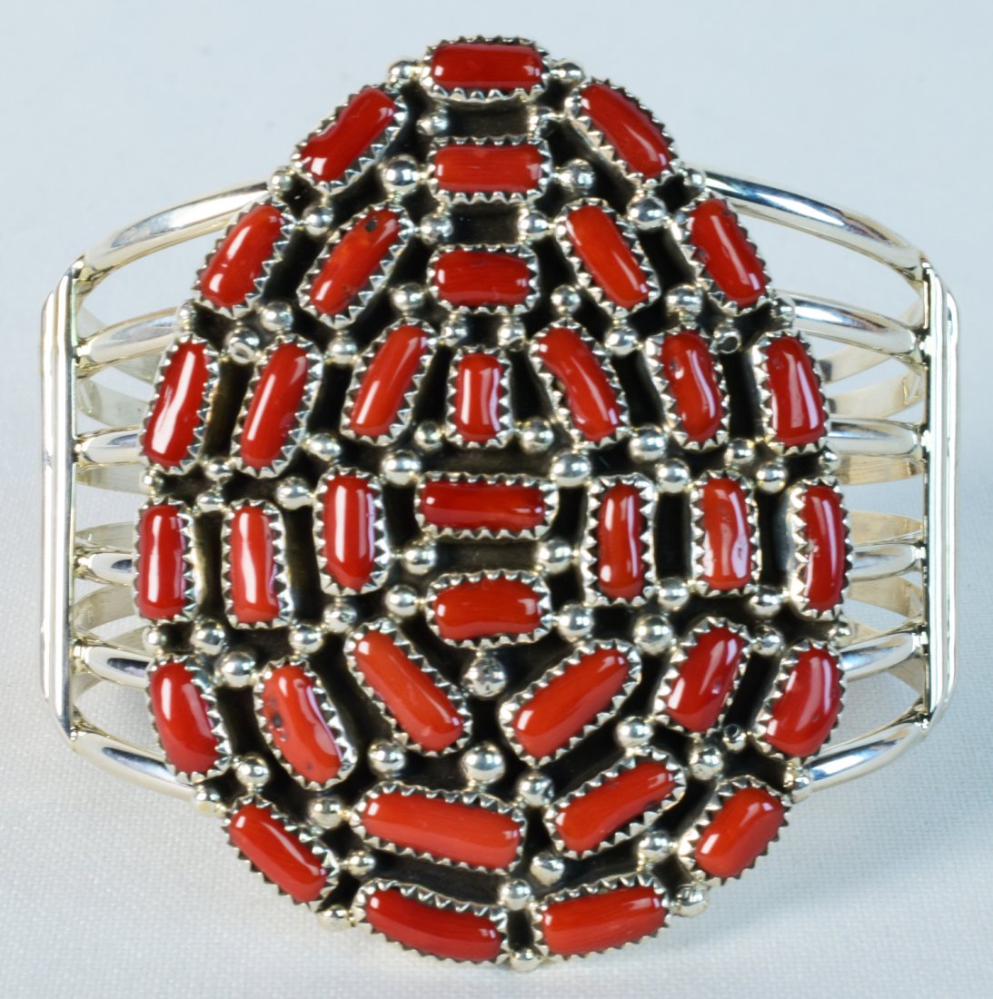 Navajo Sterling Silver Coral Cluster Large Cuff (1 of 5)