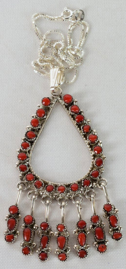 Zuni Sterling Silver Snake Eye Coral Pendant Necklace (1 of 4)