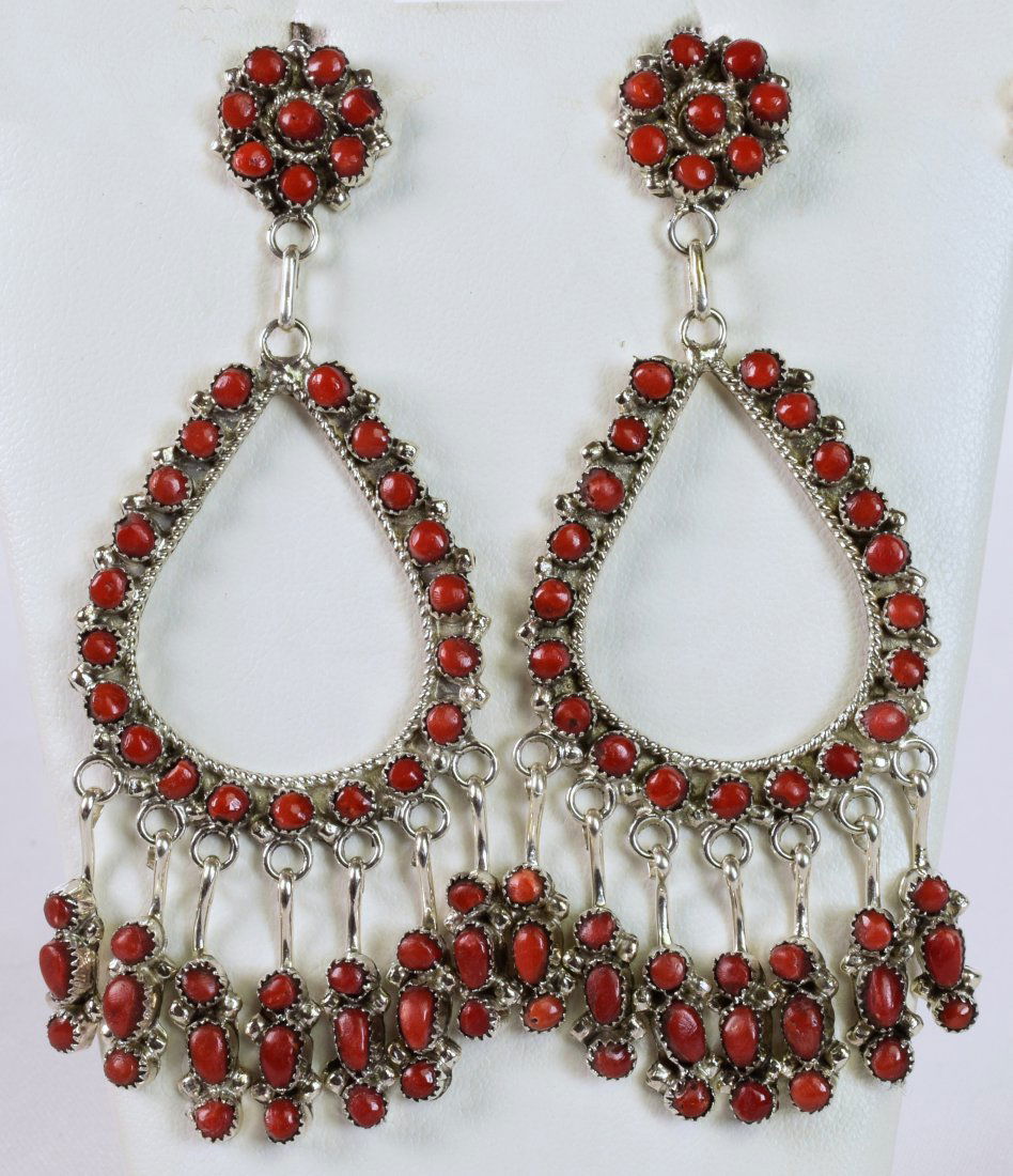 Phyllis Laate, Zuni, Sterling Coral Snake Eye Earrings (1 of 4)