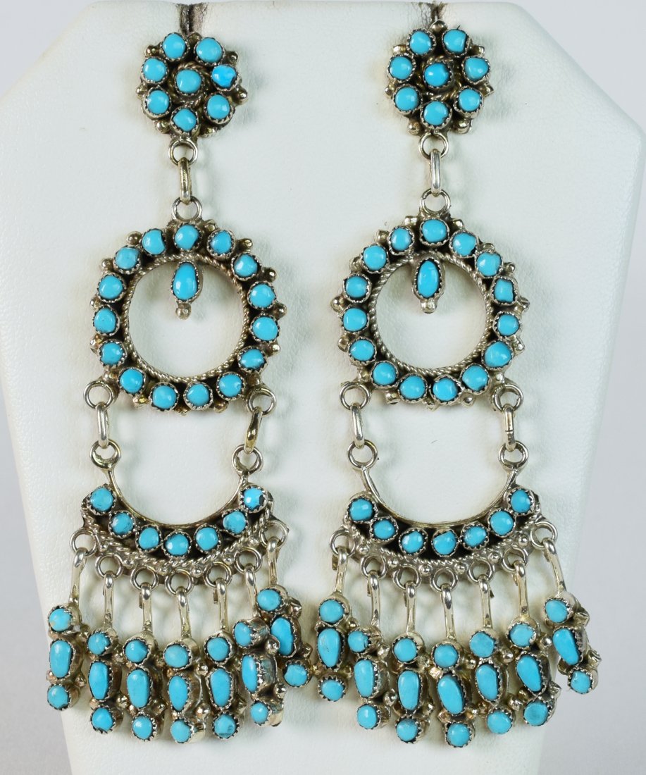 P. Laate Sleeping Beauty Turquoise Snake Eye Earrings: For pierced ears these measure 3.75 inches long x 1.25 inches at the widest part. The earring are done in Sleeping Beauty Turquois and have 4 sections. There are a total of 52 Individual hand cut tiny