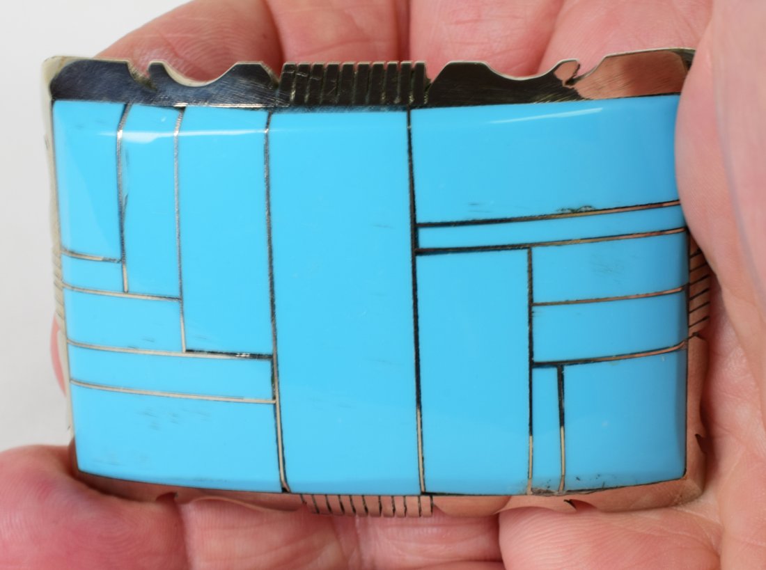 Steve Francisco Sterling Turquoise {Block} Belt Buckle: Measures 3 inches long x 2 inches wide with Block Turquoise Inlay across the top. The frame is notched. Stamped Sterling and Hallmarked. Weighs 51.6 Grams. Native American, Navajo, Southwestern Indian