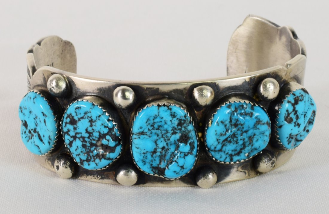 Navajo Sterling Kingman Turquoise 5 Stone Bracelet (1 of 4)