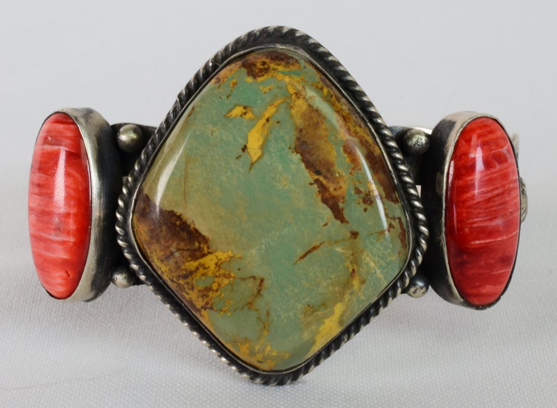 Navajo Sterling Royston Turquoise & Spiny Oyster Cuff (1 of 5)