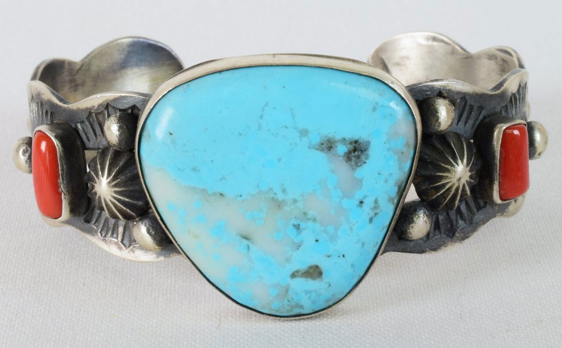 Native American Kingman & Coral Cuff Bracelet (1 of 5)