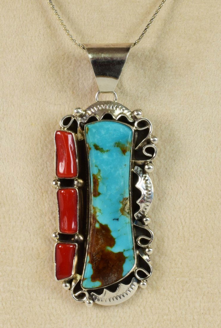 Navajo Sterling Silver Kingman & Coral Pendant Necklace (1 of 4)