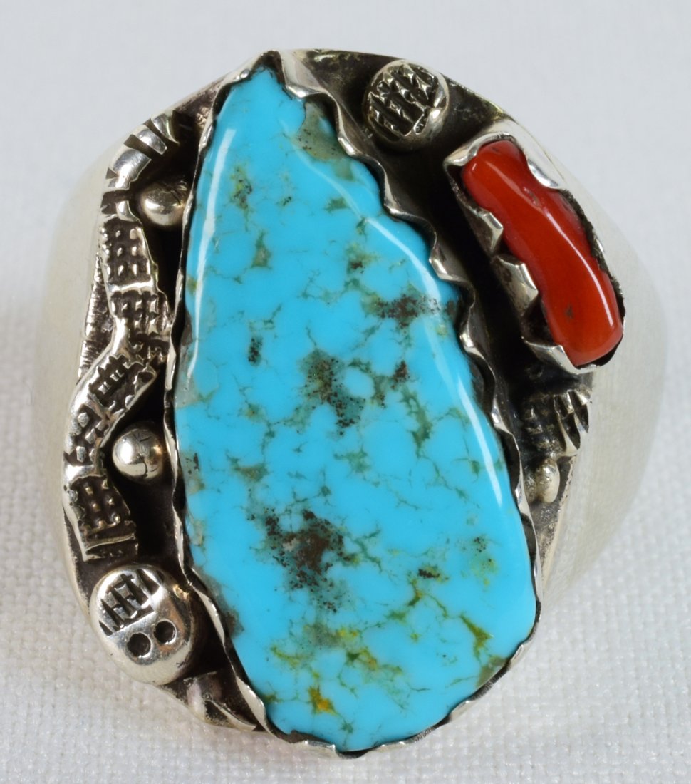 Navajo Sterling Turquoise & Coral Men's Snake Ring (1 of 4)