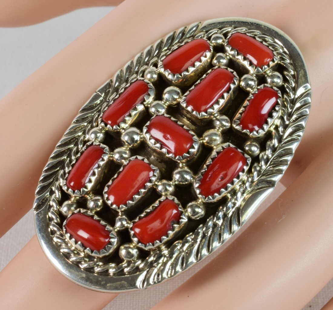 Navajo Sterling Silver Coral Cluster Nugget Ring (1 of 3)