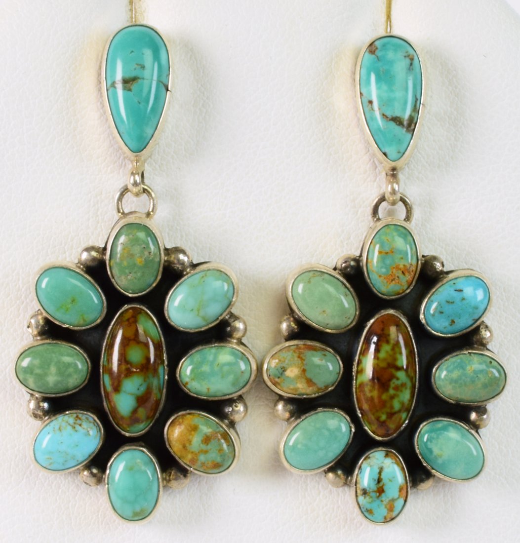 Native American Sterling Royston Turquoise Earrings: For pierced ears these measure 1.75 inches x 1 inch wide. They have Natural Royston Turquoise stones in a cluster style with a small bead accent. Stamped Sterling and Hallmarked "RF". Weighs 15.6 Gram