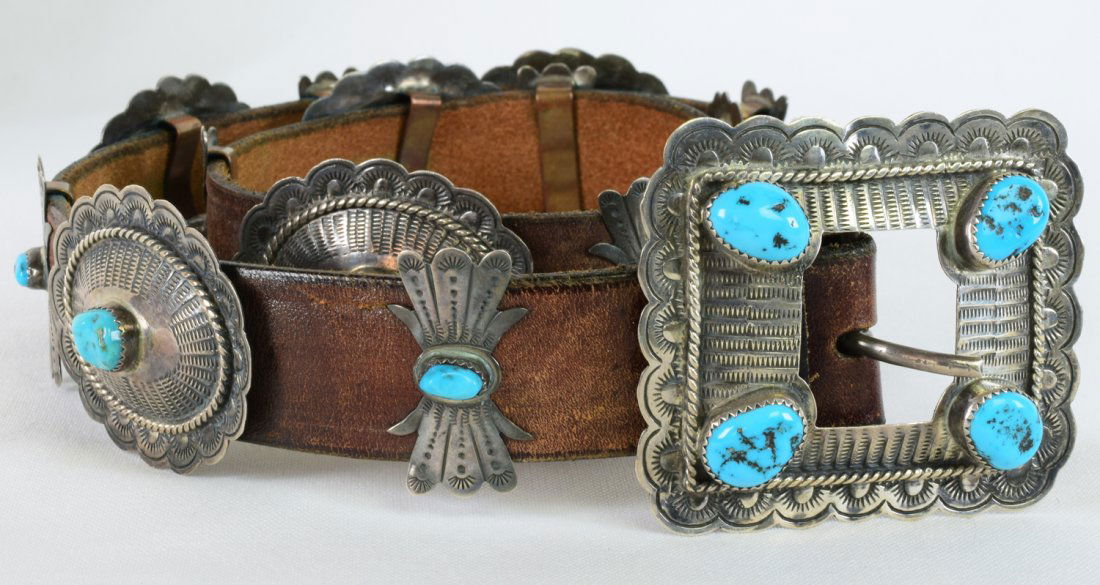 Navajo Sterling Silver Old Pawn Concho Belt w/Turquoise (1 of 5)