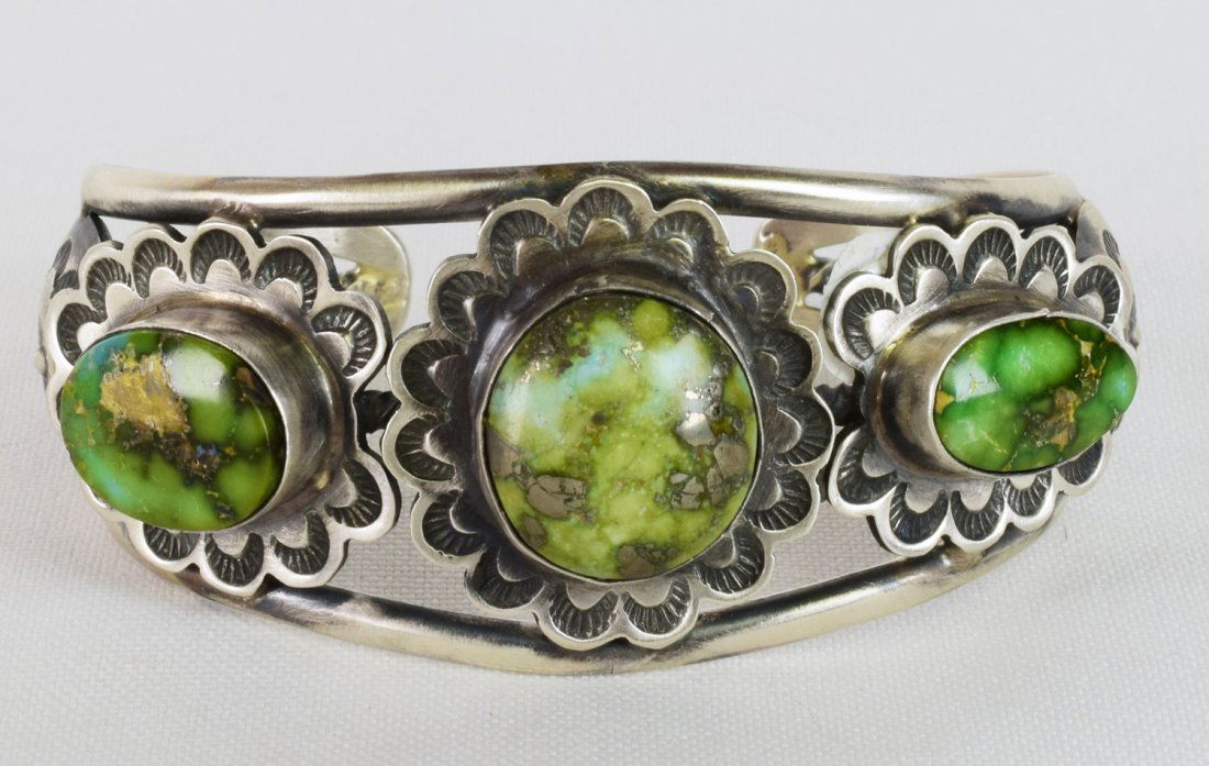 Bob Becenti Sterling Silver Sonoran Gold 3 Stone Cuff (1 of 6)