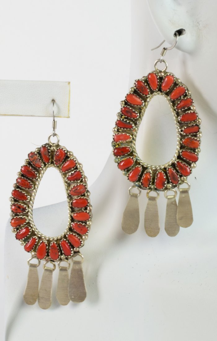 Justin Wilson Sterling Mediterranean Coral Earrings: Measures 3.25 inches in length with the dangle portions. These earrings are made with Mediterranean Coral and accented with sterling beads and dangle bottom sterling pieces. Stamped Sterling and Hallm