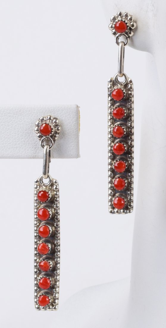 Zuni, Sterling Silver Coral Snake Eye Earrings (1 of 2)