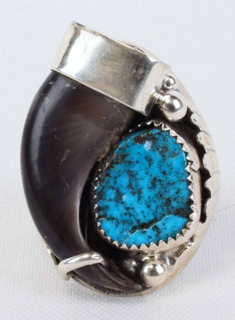 Navajo Sterling Bear Claw Men's Ring w/Turquoise & Cora (1 of 3)