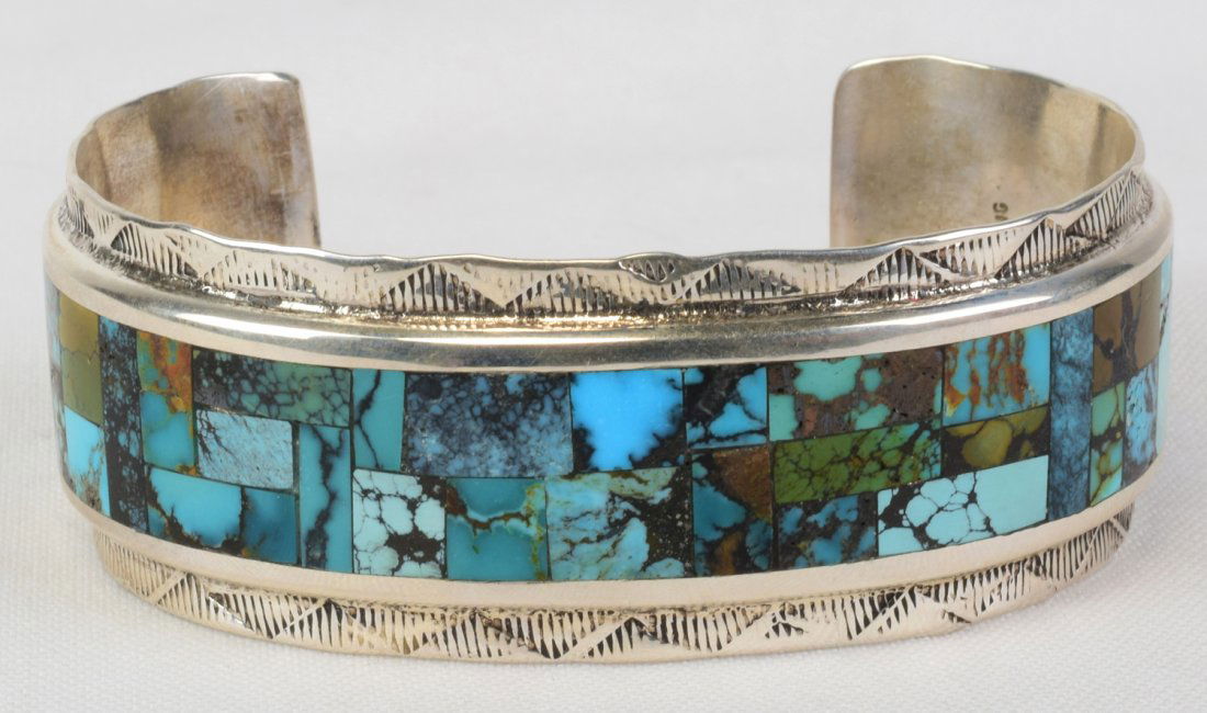 Native American Sterling Turquoise Inlay Cuff Bracelet (1 of 5)