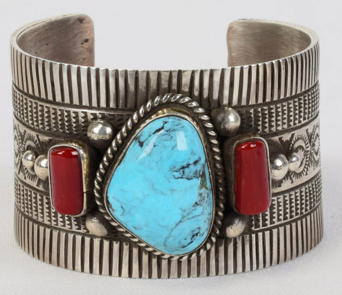 Navajo Sterling Castle Dome Turquoise & Coral Cuff (1 of 6)