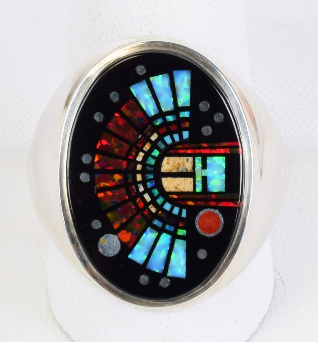 Clayton Tom Sterling Micro Inlay Headdress Men's Ring (1 of 4)