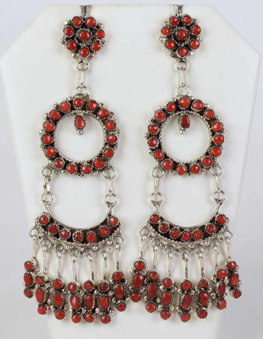 Zuni, P. Laate Coral Snake Eye Chandelier Earrings (1 of 3)