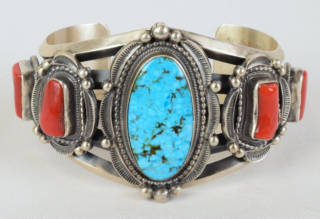 Tom Lewis Sterling Blue Ridge Turquoise & Coral Cuff (1 of 6)