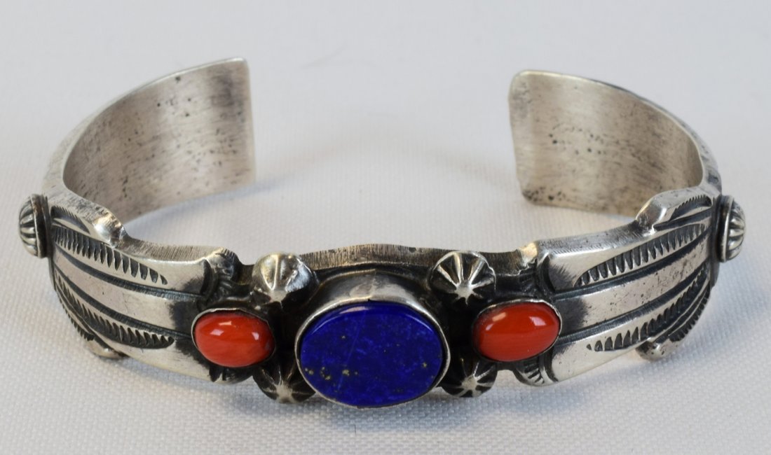 Native American Sterling Lapis and Coral Cuff Bracelet (1 of 4)