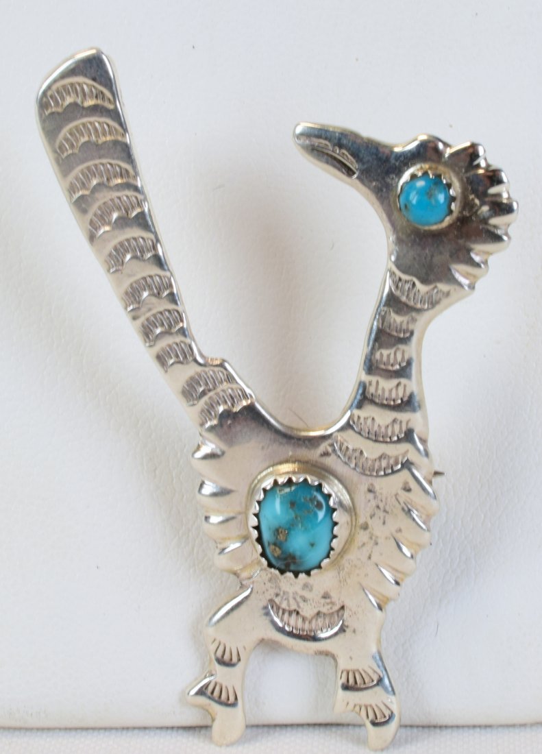 Navajo Sterling Silver & Turquoise Roadrunner Pin (1 of 3)