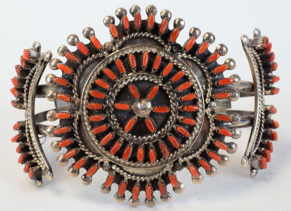 Zuni, Vintage Sterling Silver Needlepoint Coral Cuff (1 of 4)