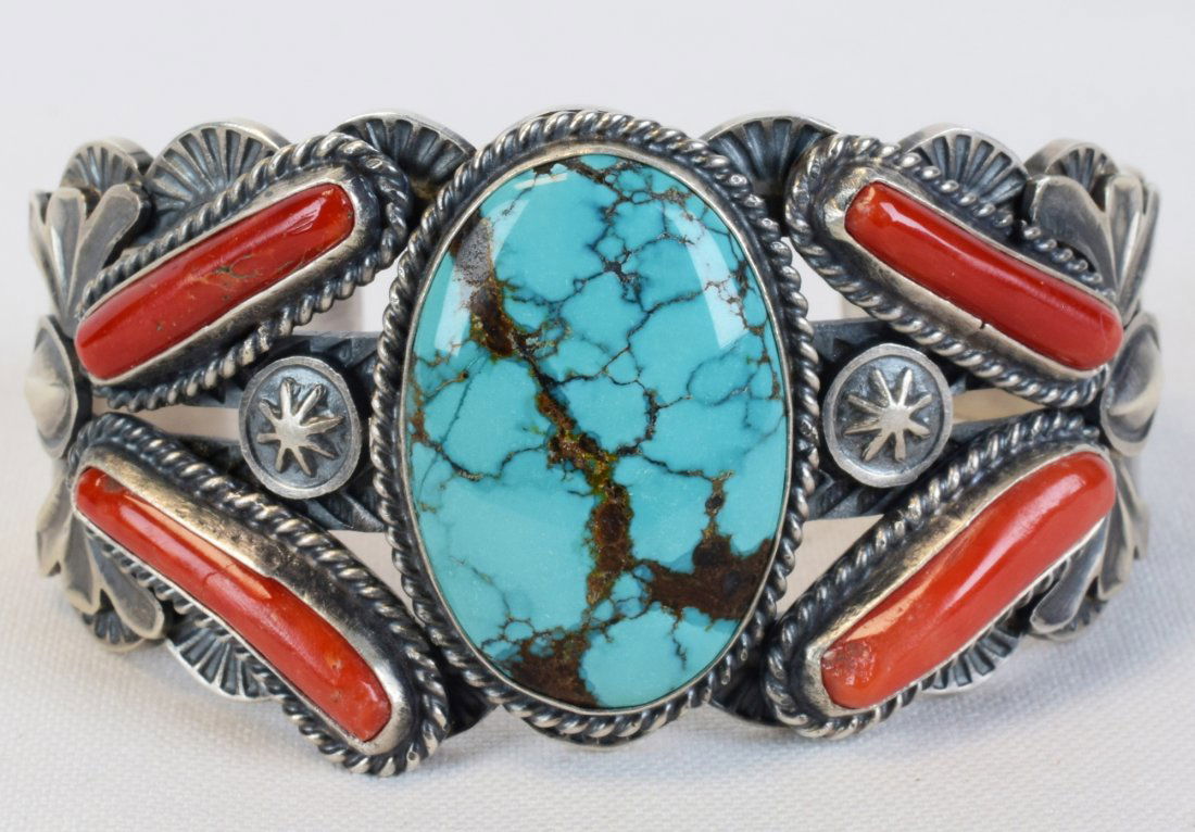 Robert Johnson Sterling Kingman Turquoise & Coral Cuff (1 of 6)