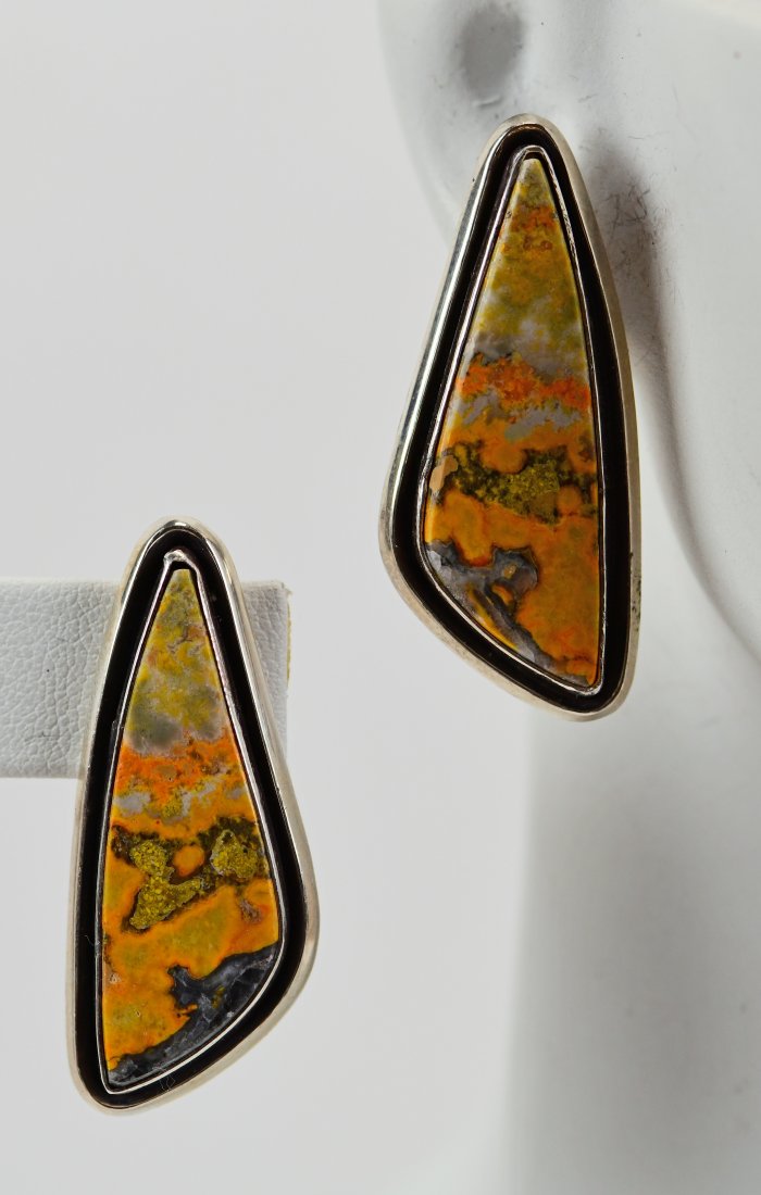 Leonard Nez Sterling Bumble Bee Jasper Earrings: For pierced ears and done in a Shadowbox style these earrings measure 1.75 inches long. The stones have a great matrix and are set in a simple Sterling frame. Sterling, Singed and Weigh 16.1 Grams. Na