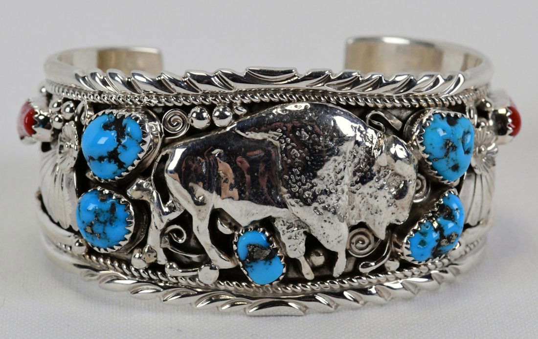 Navajo Sterling Buffalo Cuff w/Turquoise & Coral (1 of 2)