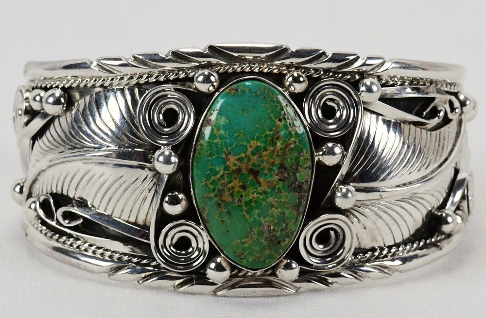 Navajo Sterling Pilot Mountain Turquoise Feather Cuff (1 of 4)