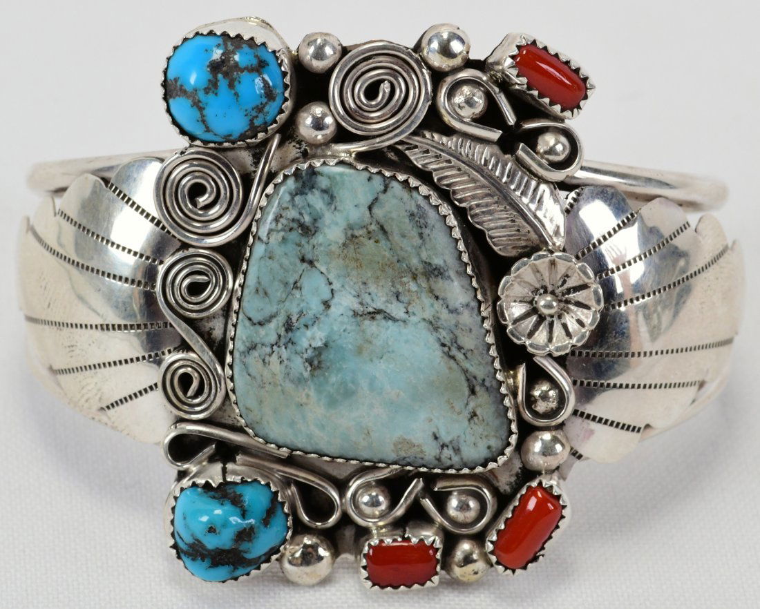 Navajo Sterling Nevada Turquoise Ornate Bracelet (1 of 4)