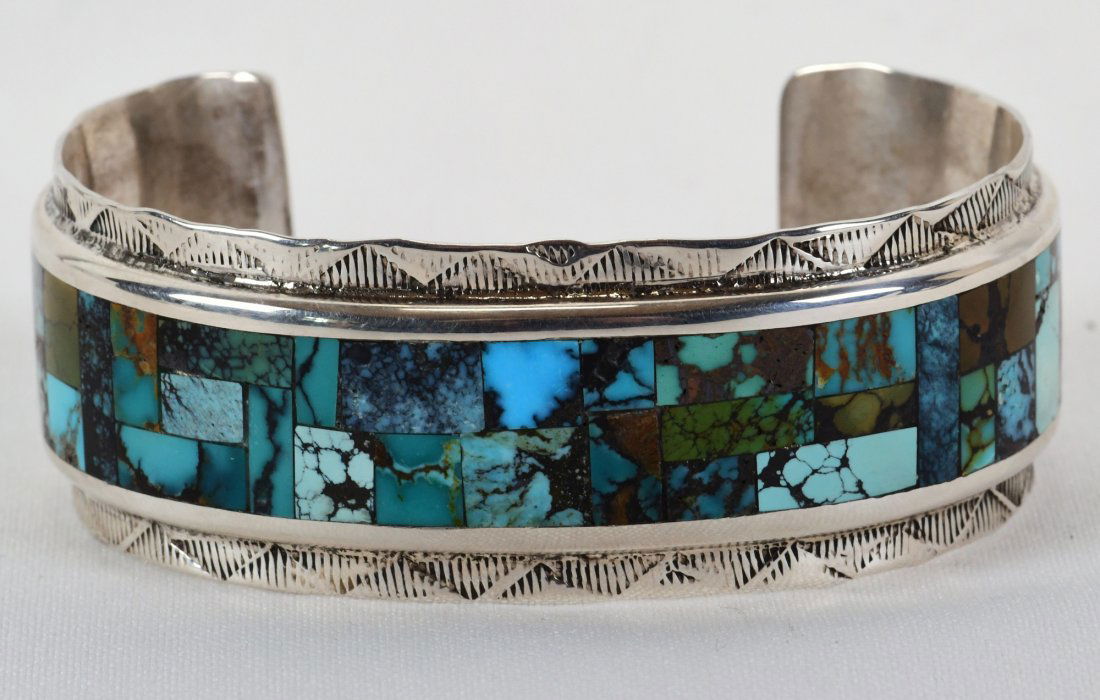 Native American Sterling Turquoise Inlay Cuff Bracelet (1 of 5)
