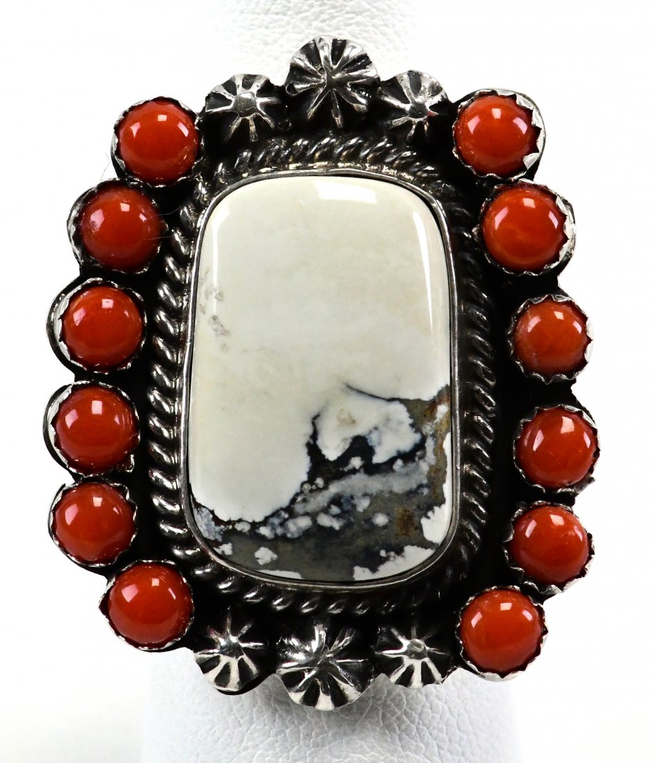 Aaron Toadlena White Buffalo Turquoise & Coral Ring (1 of 4)