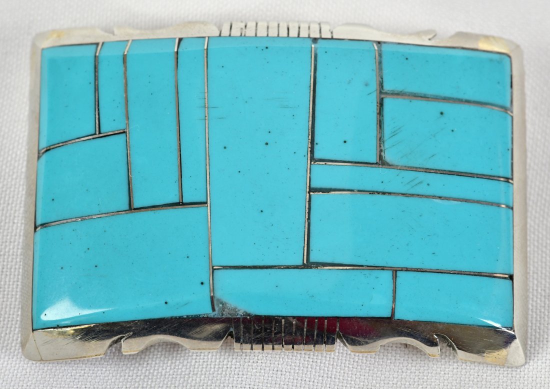 Steve Francisco Sterling Turquoise {Block} Belt Buckle: Measures 3 inches long x 2 inches wide with Block Turquoise Inlay across the top. The frame is notched. Stamped Sterling and Hallmarked. Weighs 52.3 Grams. Native American, Navajo, Southwestern Indian