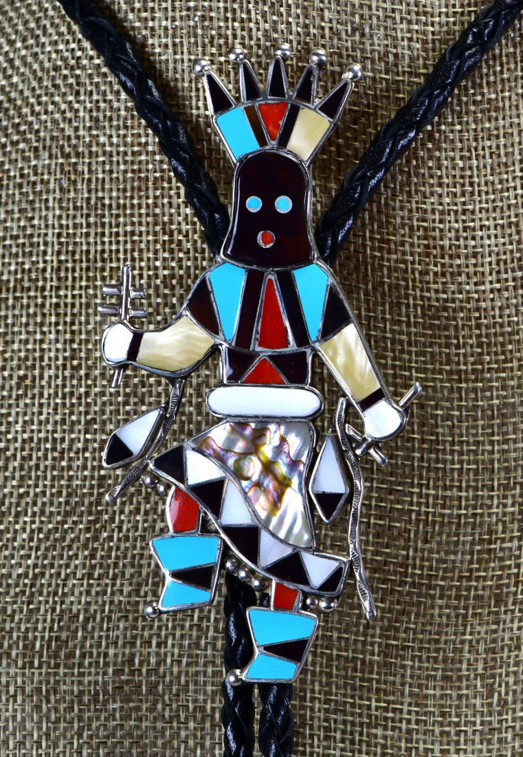 Zuni, L. Laiwakete Sterling Kachina Inlay Bolo Tie (1 of 4)
