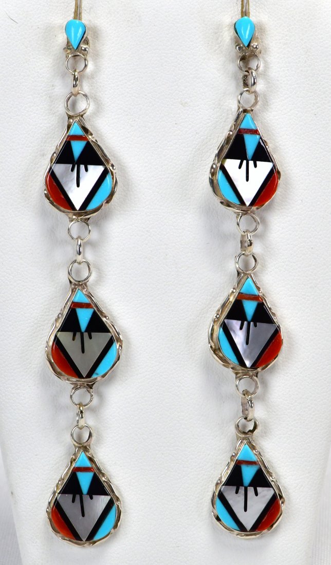 Zuni Multi Stone Sterling Silver Inlay Dangle Earrings (1 of 3)