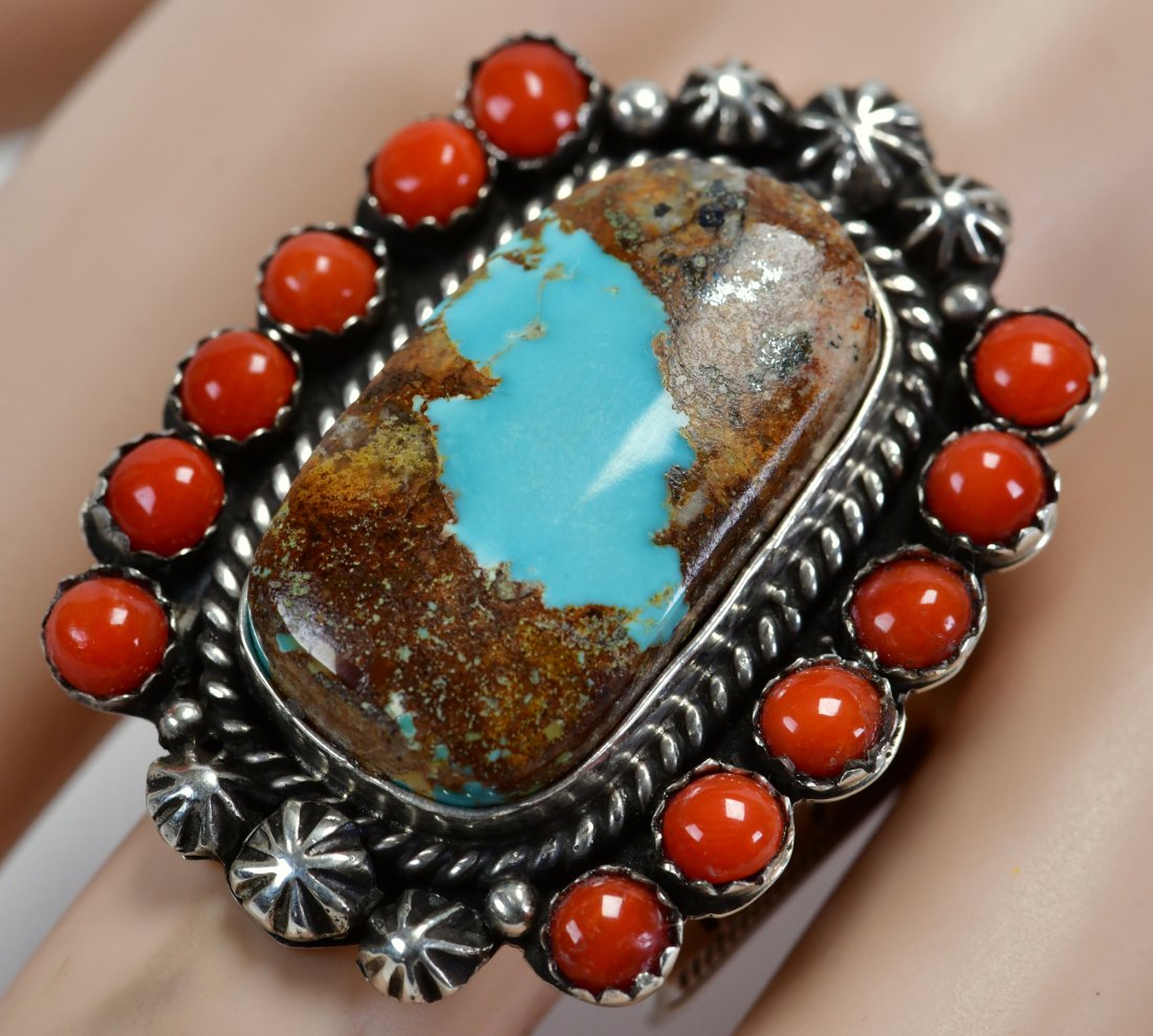 Navajo Sterling Silver  No. 8 Turquoise & Coral Ring (1 of 6)