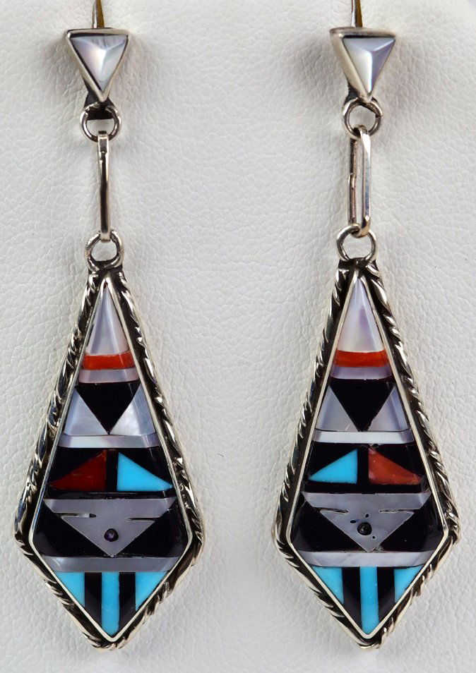 Zuni Sterling Silver Multi-Stone Inlay Earrings (1 of 4)