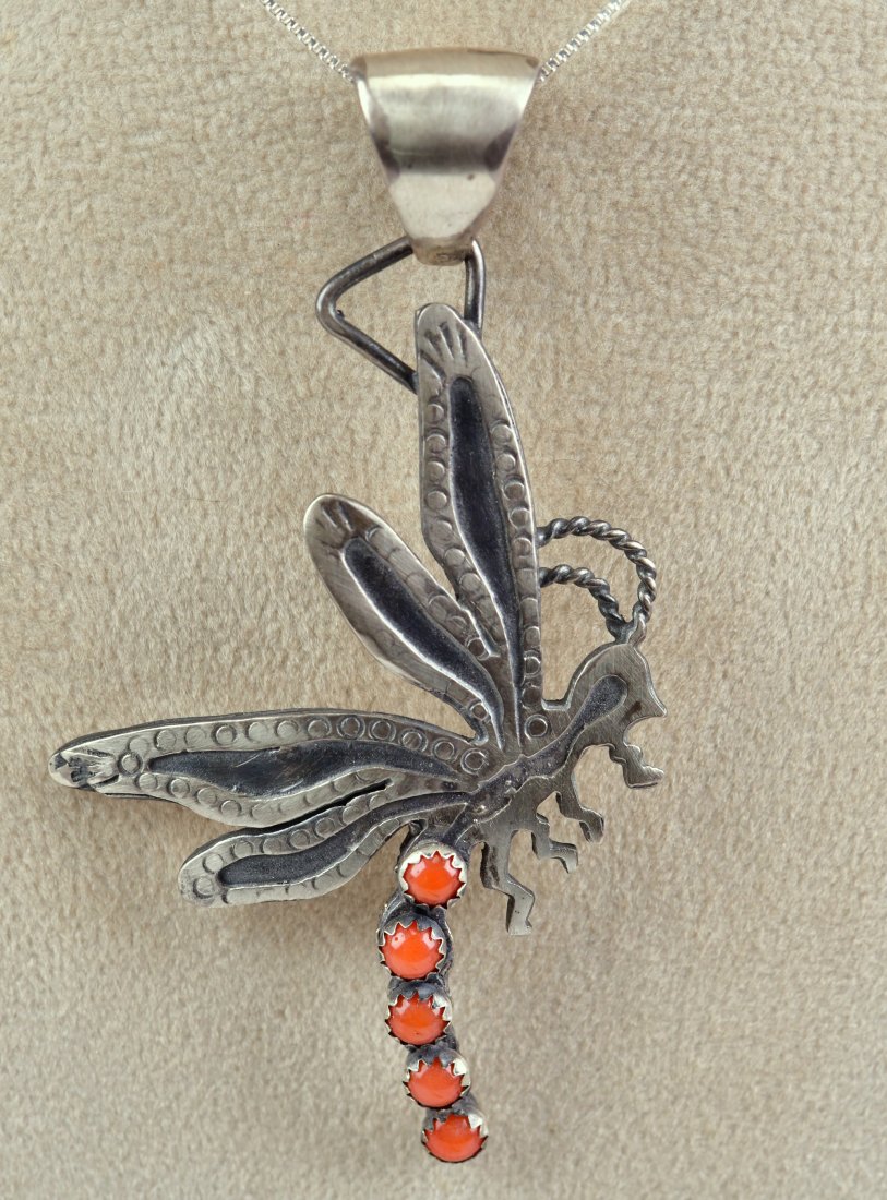 Navajo Vintage  Apple Coral Dragonfly Pendant Necklace (1 of 4)
