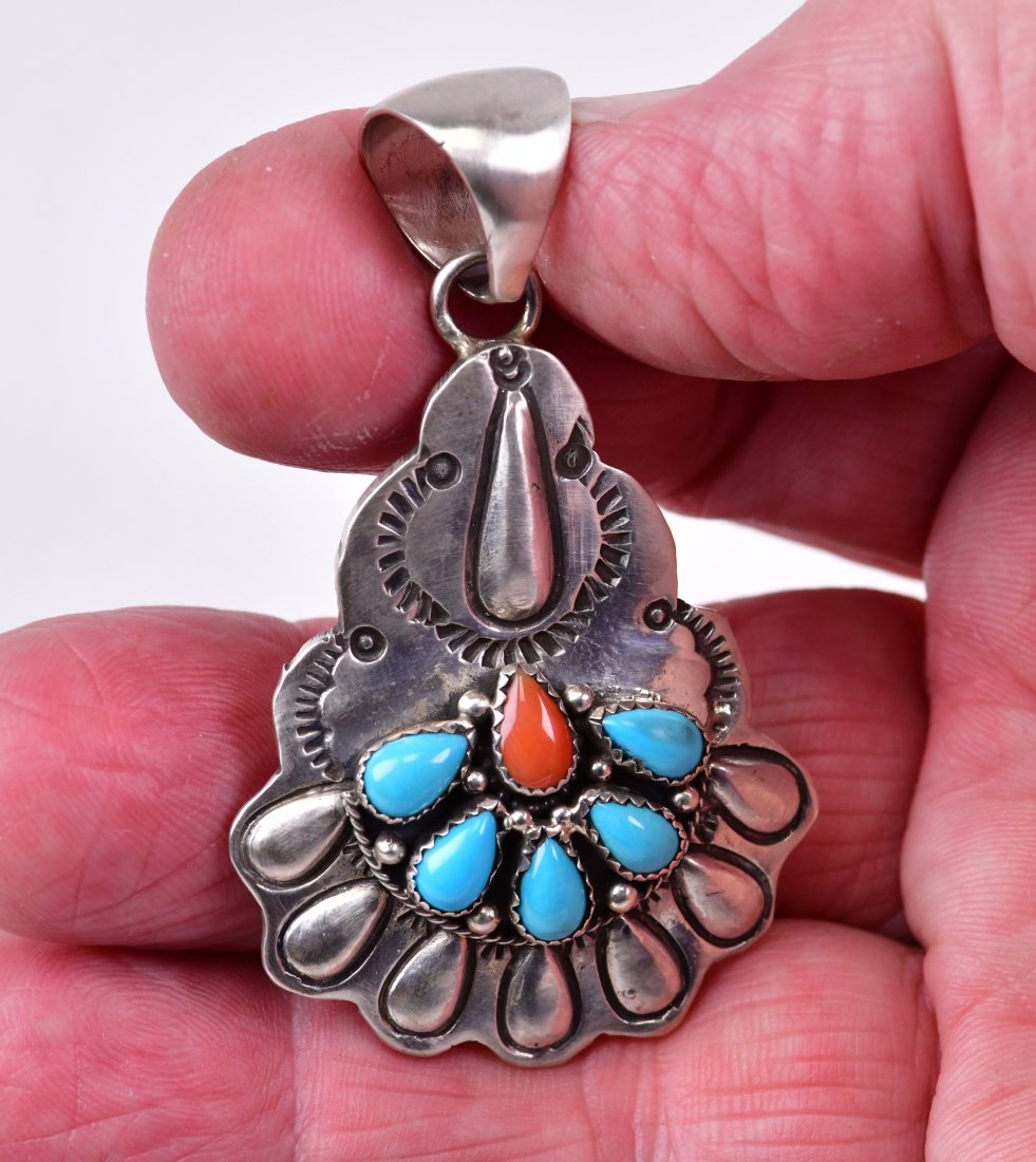 Native American Sterling Turquoise & Coral Repousse Pendant (1 of 4)