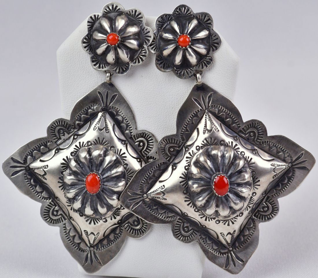 Rita Lee Sterling Concho Style Stamped Earrings w/Coral: For pierced ears. These earrings measure 3.75 inches long x 2.75 inches wide. They are done in a Stamped Concho Style with red coral at the top and center. Sterling/Hallmarked "RL" and Weigh 25.4 Gram