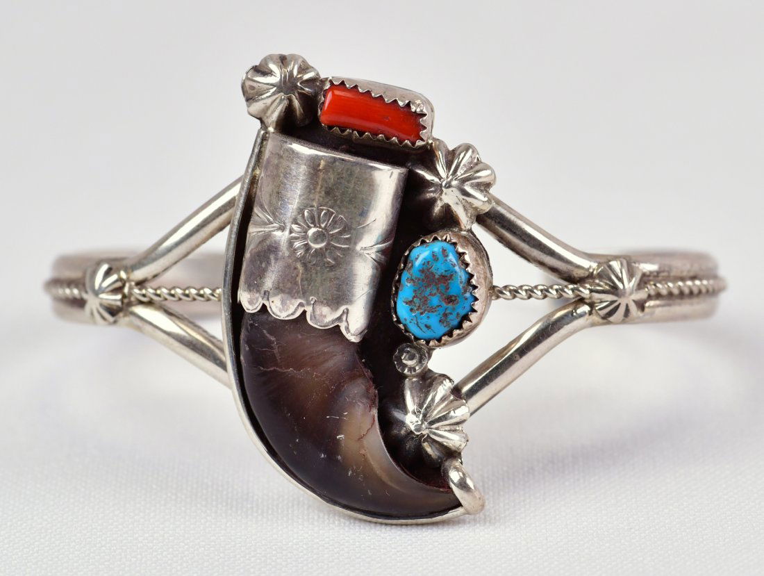 Navajo Vintage Sterling Bear Claw and Turquoise Cuff (1 of 4)