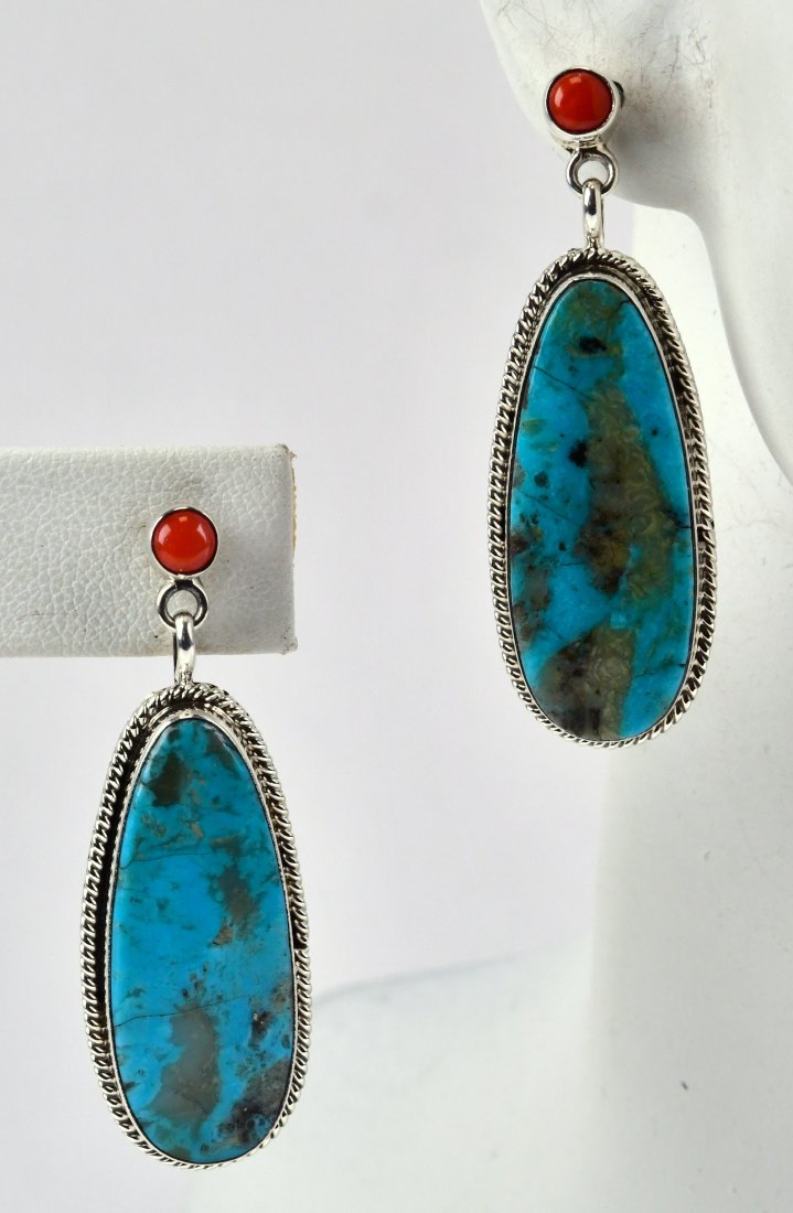 Navajo Sterling Turquoise and Coral Dangle Earrings (1 of 3)
