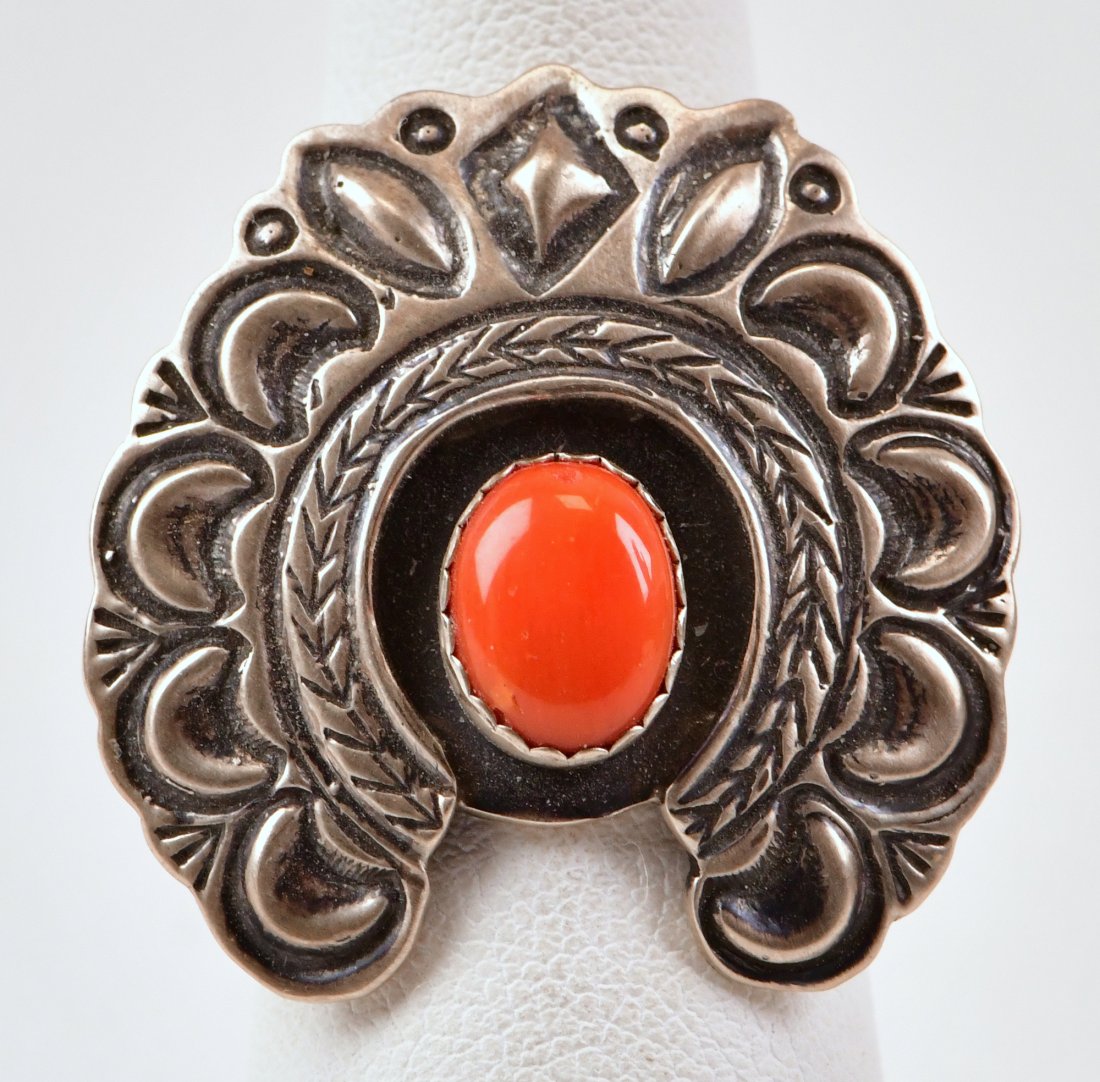 Russell Sam Stamped Sterling Ring w/Coral Stone (1 of 3)