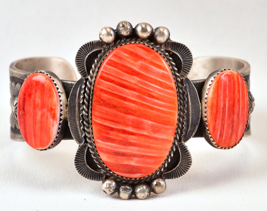 Kevin Billah Spiny Oyster Sterling 3 Stone Cuff Bracelet (1 of 3)