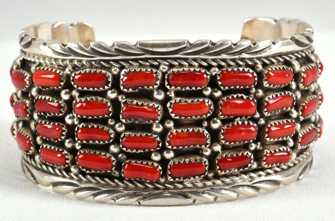 Native American Sterling Wide Band Coral Bracelet (1 of 3)