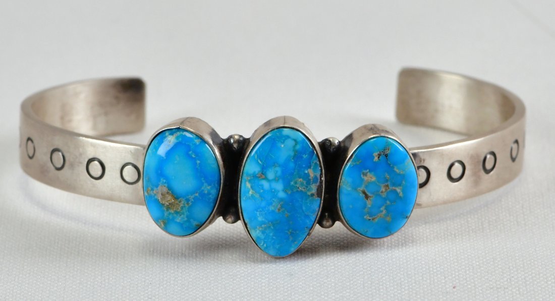 Navajo Sterling Silver Lone Mountain Turquoise 3 Stone Braceleet (1 of 3)