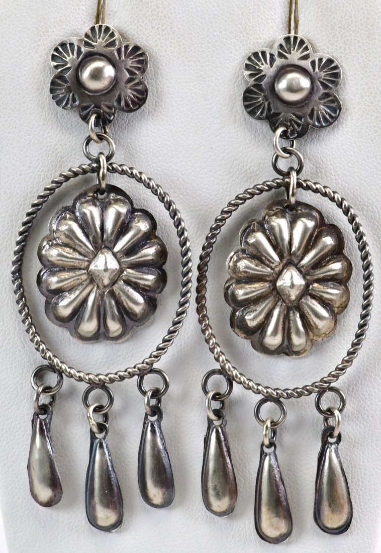 Patrick Yazzie Sterling Silver Concho Dangle Earrings: Sterling Silver| Patrick Yazzie Sterling Silver Concho Dangle Earrings| Genuine Sterling| Measure 3.25" x 1.25"| Unsigned| Weigh 19.4 Grams| Native American, Navajo, Southwestern Indian Jewelry.