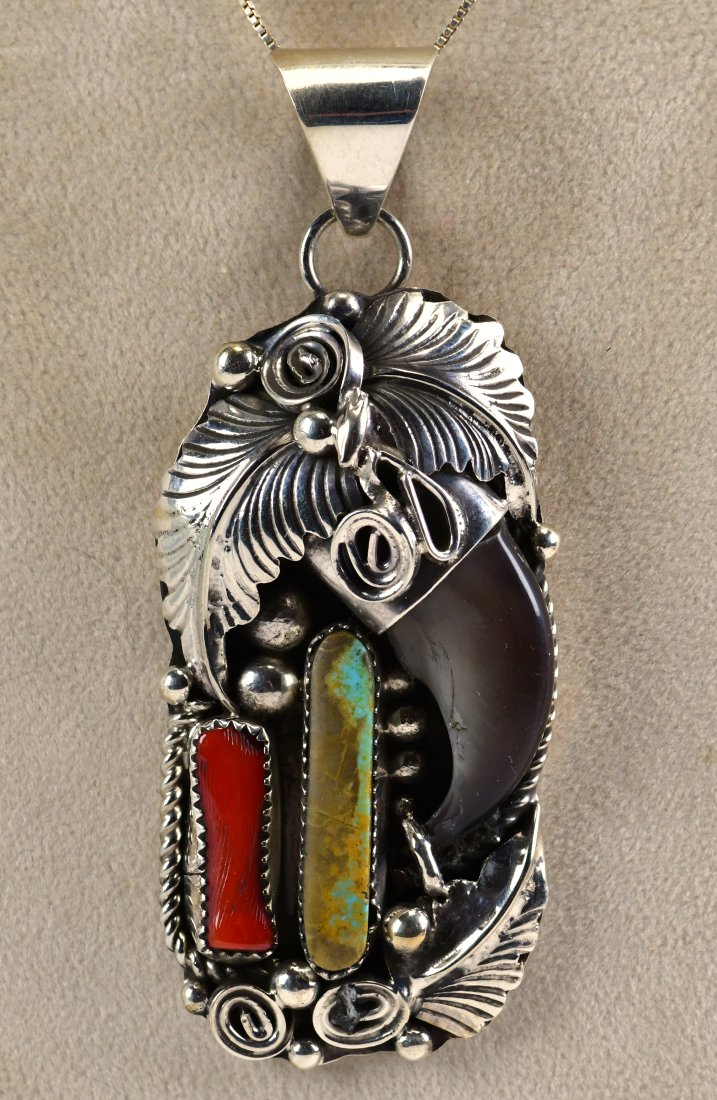 Mike Thomas Sterling Large Bear Claw Pendant w/Turquoise & Coral (1 of 3)